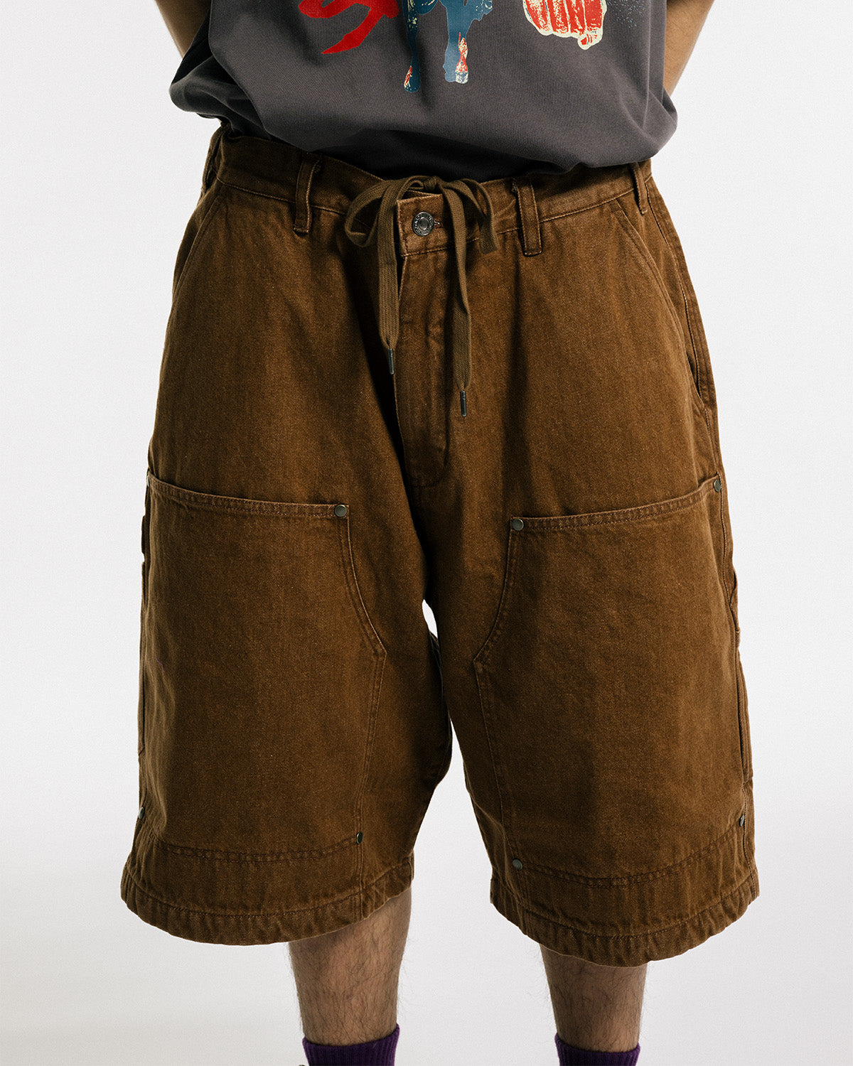 COLORED DEMIN WORK SHORTS - BROWM