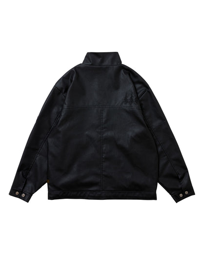 STAND COLLAR LEATHER JACKET - BLACK