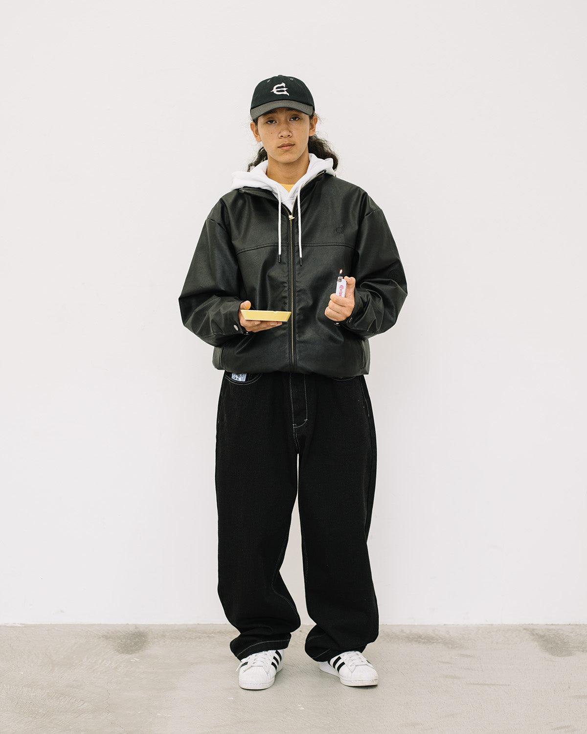 STAND COLLAR LEATHER JACKET - BLACK