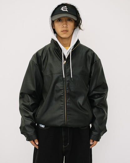 STAND COLLAR LEATHER JACKET - BLACK