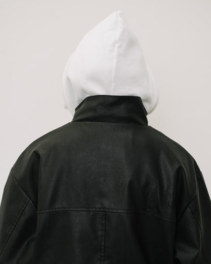 STAND COLLAR LEATHER JACKET - BLACK