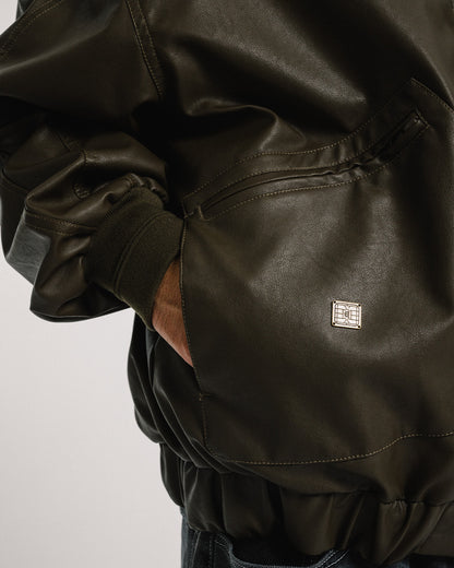 POSTMAN FAUX LEATHER JACKET - COFFEE BROWN