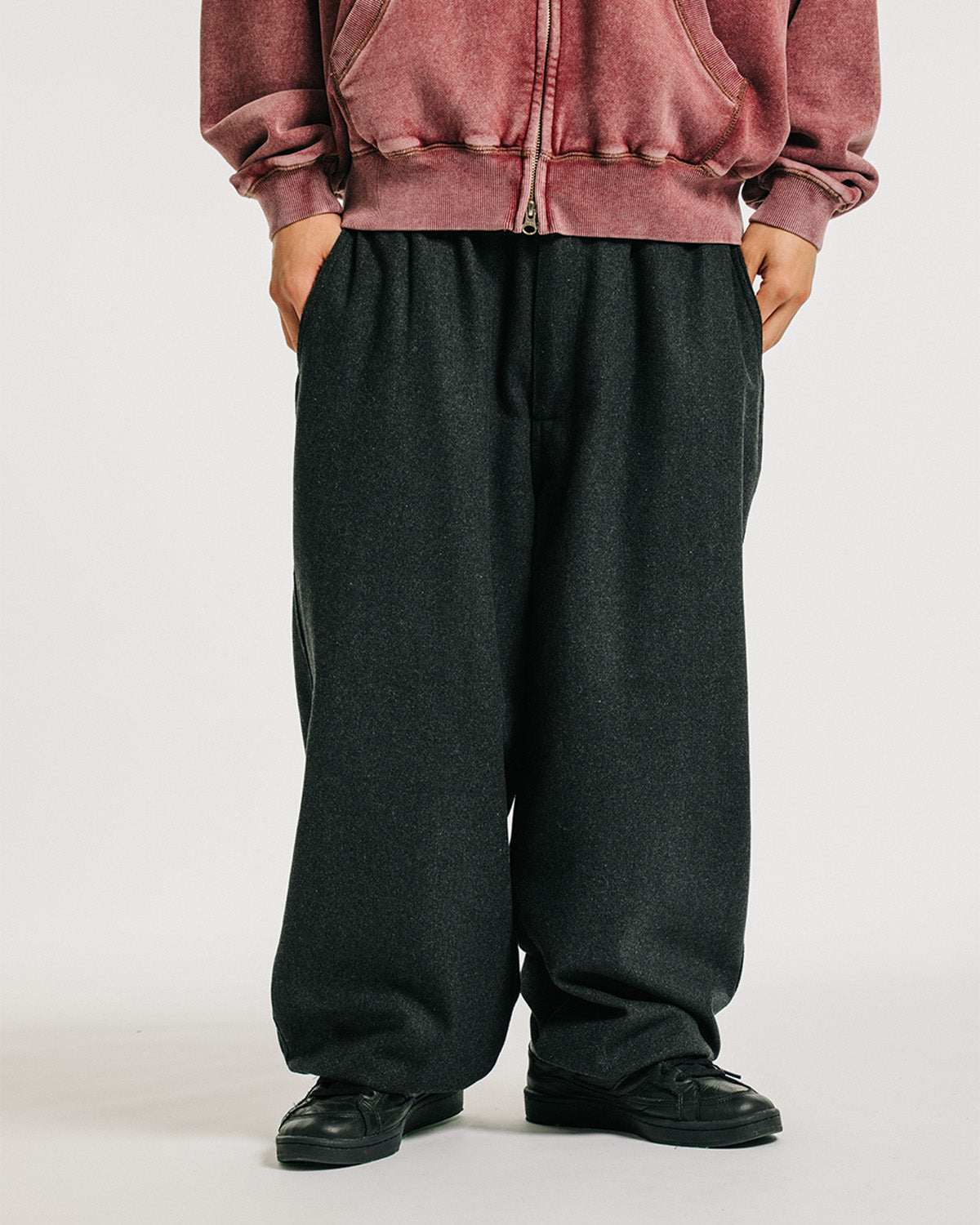 2-WAY WOOL WIDE PANTS - CHARCOAL