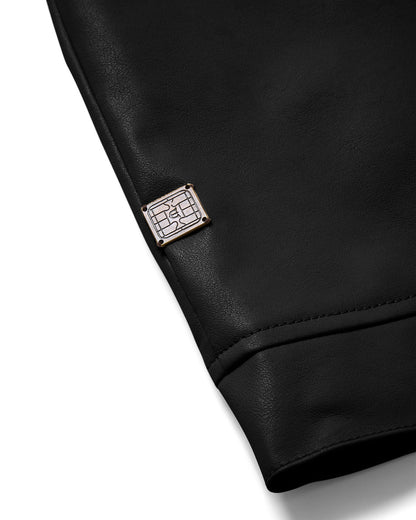 STAND COLLAR LEATHER JACKET - BLACK