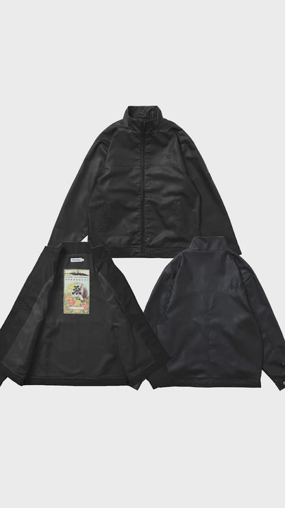 STAND COLLAR LEATHER JACKET - BLACK